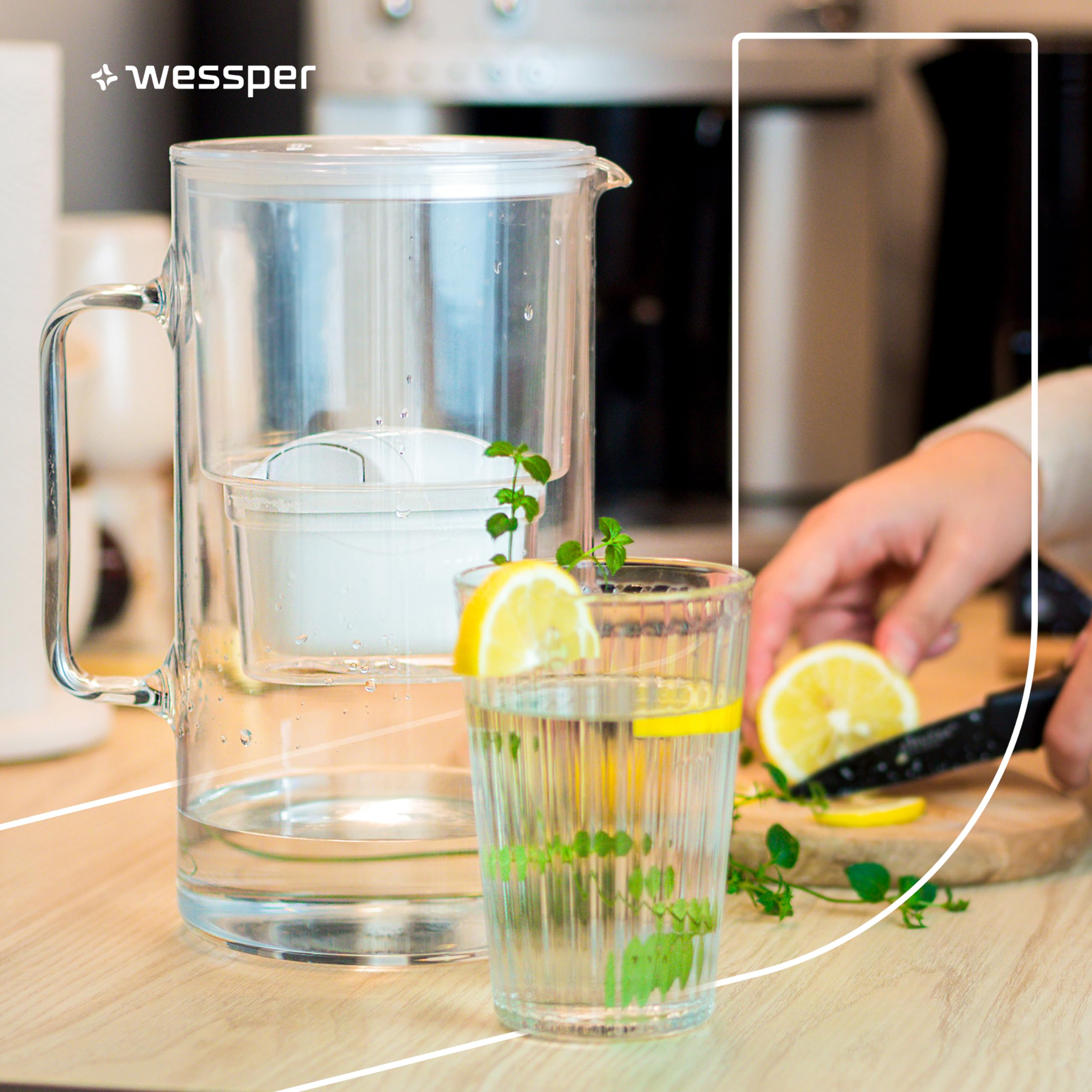 Wessper jarra con filtro de agua cristal de 3 l, juego compuesto por una jarra y 2 filtros Aquamax, reduce el cloro y los metales pesados, sin BPA - Blanco