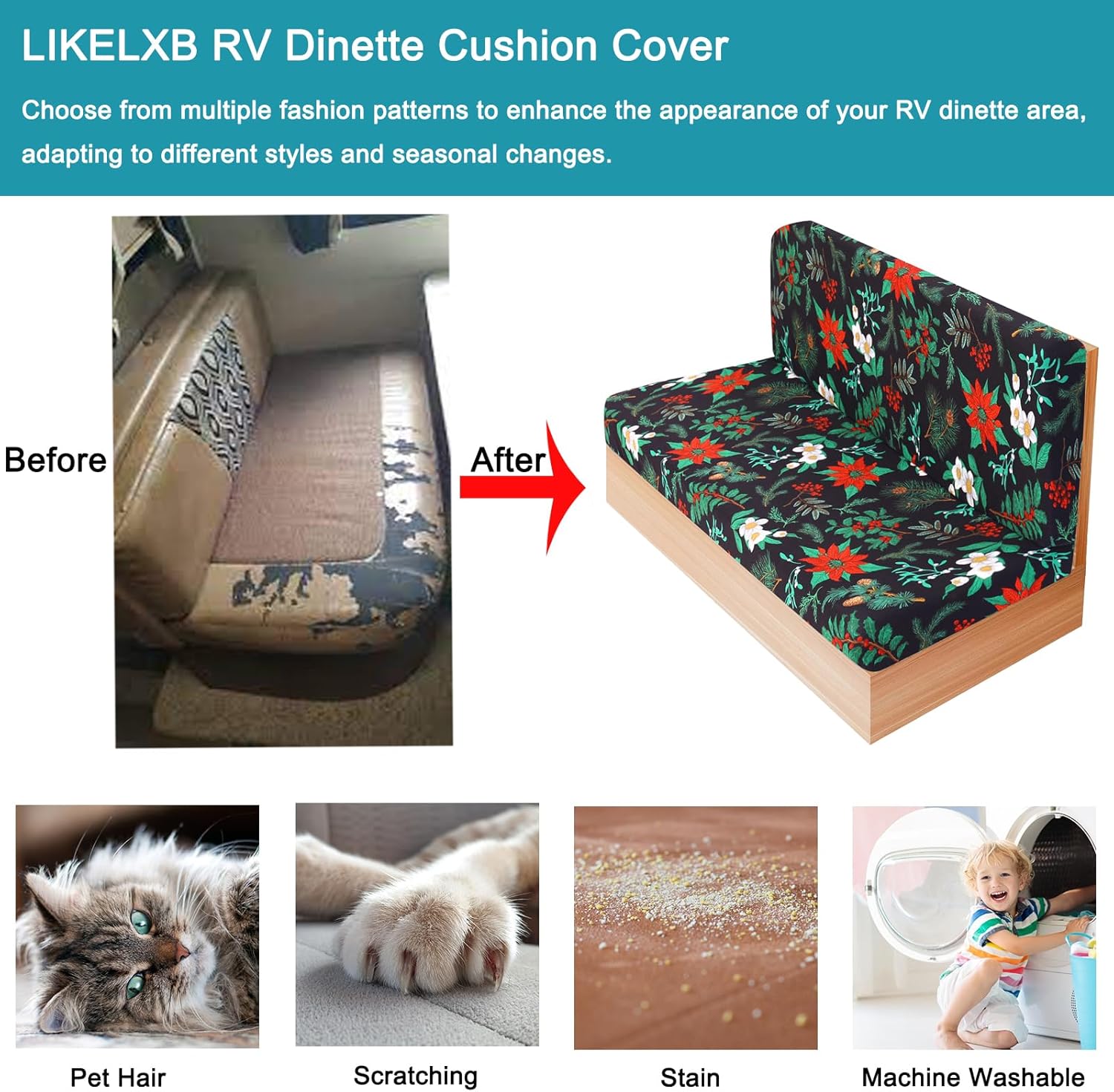 RV Dinette Cushion Covers Set of 2, Printed Camper Cushion Slipcovers, Washable Anti Slip Stretch Fabric (Christmas Flower)