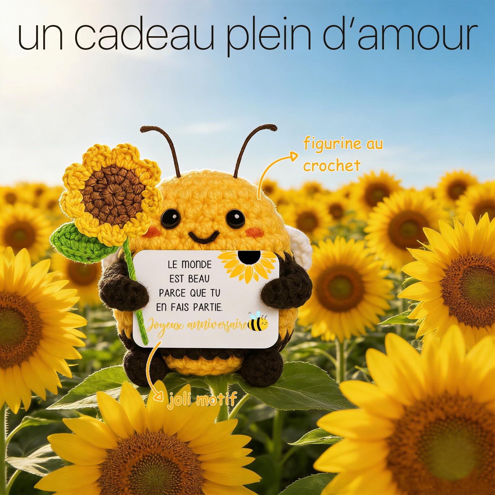Farbeele Cadeau Anniversaire pour Femme Homme, Abeille Heureuse avec Tournesols, Décor Positive Fait Main au Crochet, Cadeau Remonter Le Moral, Décoration Maison - 2