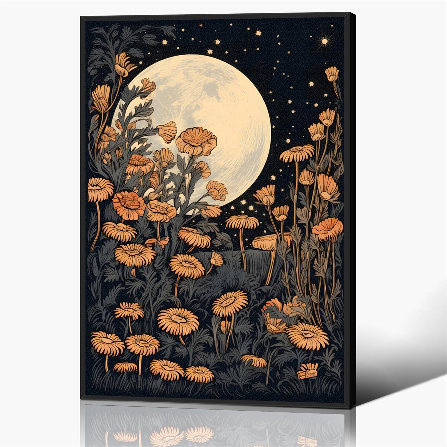 Anslipswar Moon 03 Framed Vintage Moon Flowers Canvas Wall Art, Retro Mystical Celestial Moon Poster, Rustic Yellow Wildflower Field Print, Cottagecore Ethereal Moonlight With Botanical Floral Wall Decor 12X16in Framed