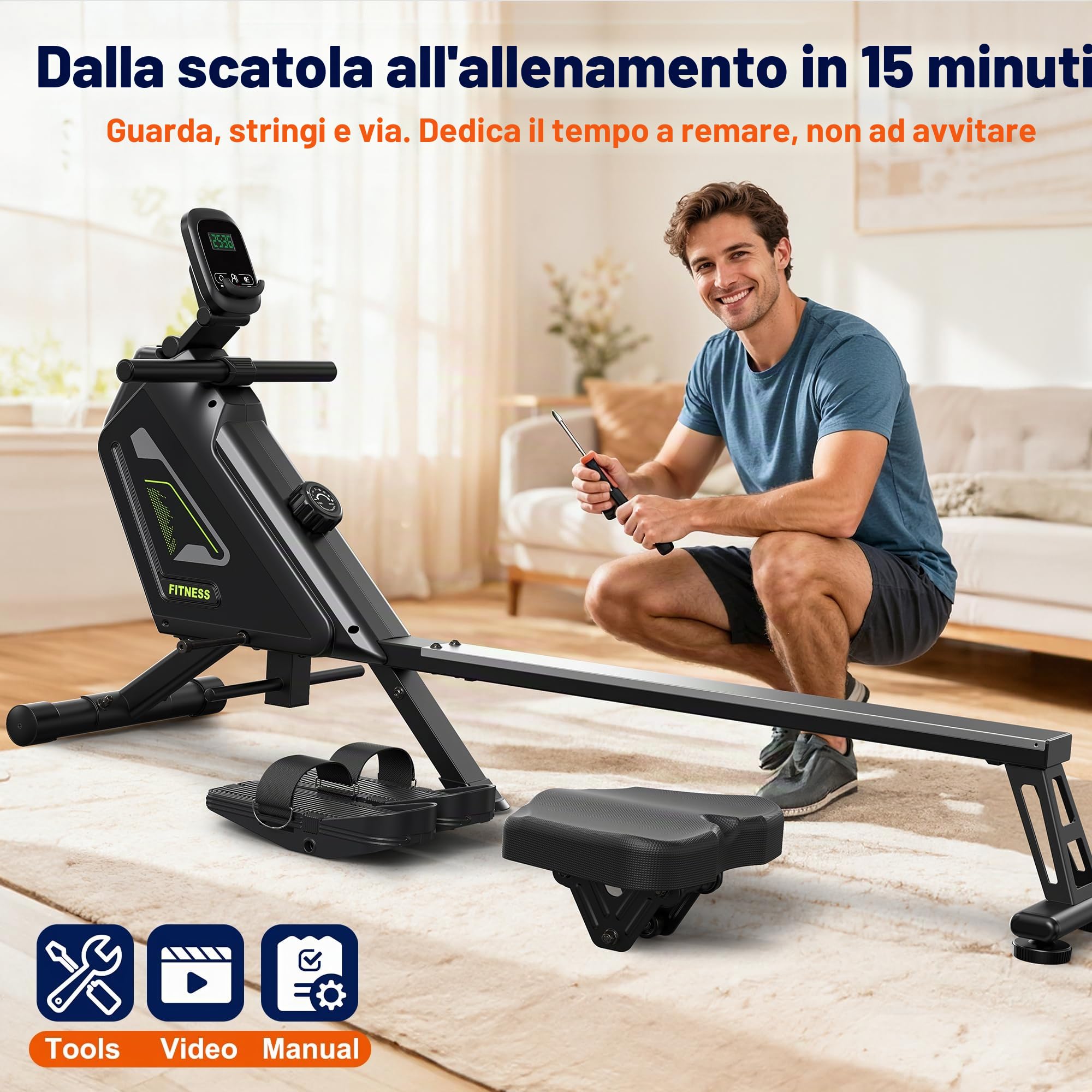 Vogatore domestico - 16 livelli di resistenza, vogatore magnetico silenzioso con app, portata 160 kg, facile da montare, compatto e salvaspazio