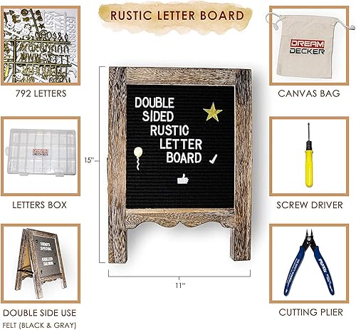 Miniatura 3 de Tablero de letras de fieltro rústico de 15 x 11 pulgadas, negro de doble cara, gris 792 blanco, caracteres dorados, letrero de letras perfecto,