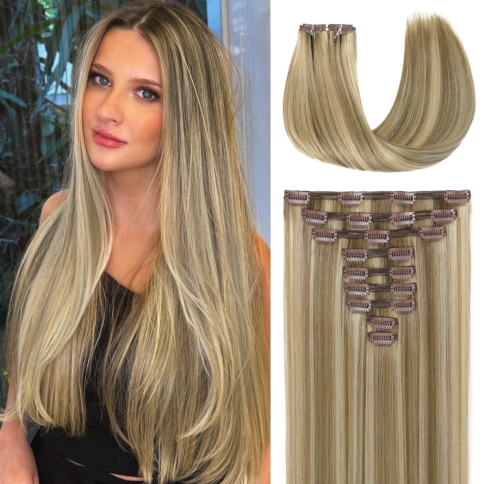 Clip-in Hair Extensions, LONAI 24in-180g Straight Human Hair and Imported Synthetic Hair Blend Hair Extensions for Women-#18/22/24 Light Ash Brown Mixed Ash Blonde