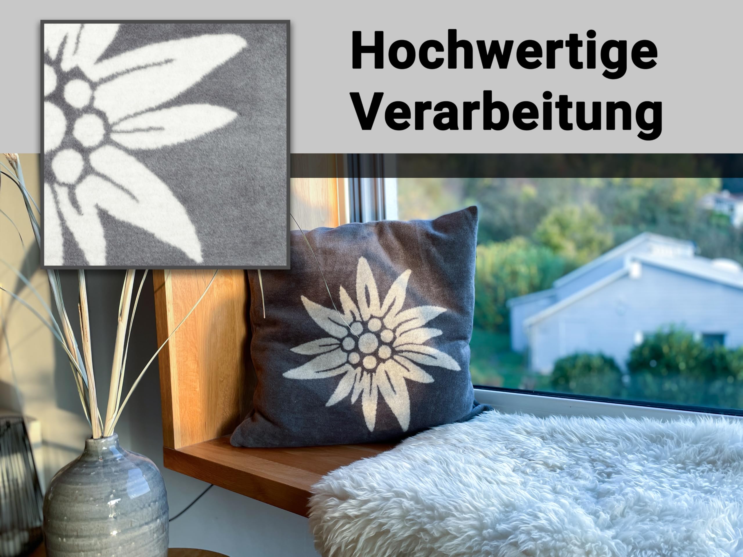 ZOLLNER 2er Set Kopfkissenbezug mit Edelweißmotiv inkl. 2er Set Dekokissen 60% Baumwolle, 40% Polyacryl, Grau