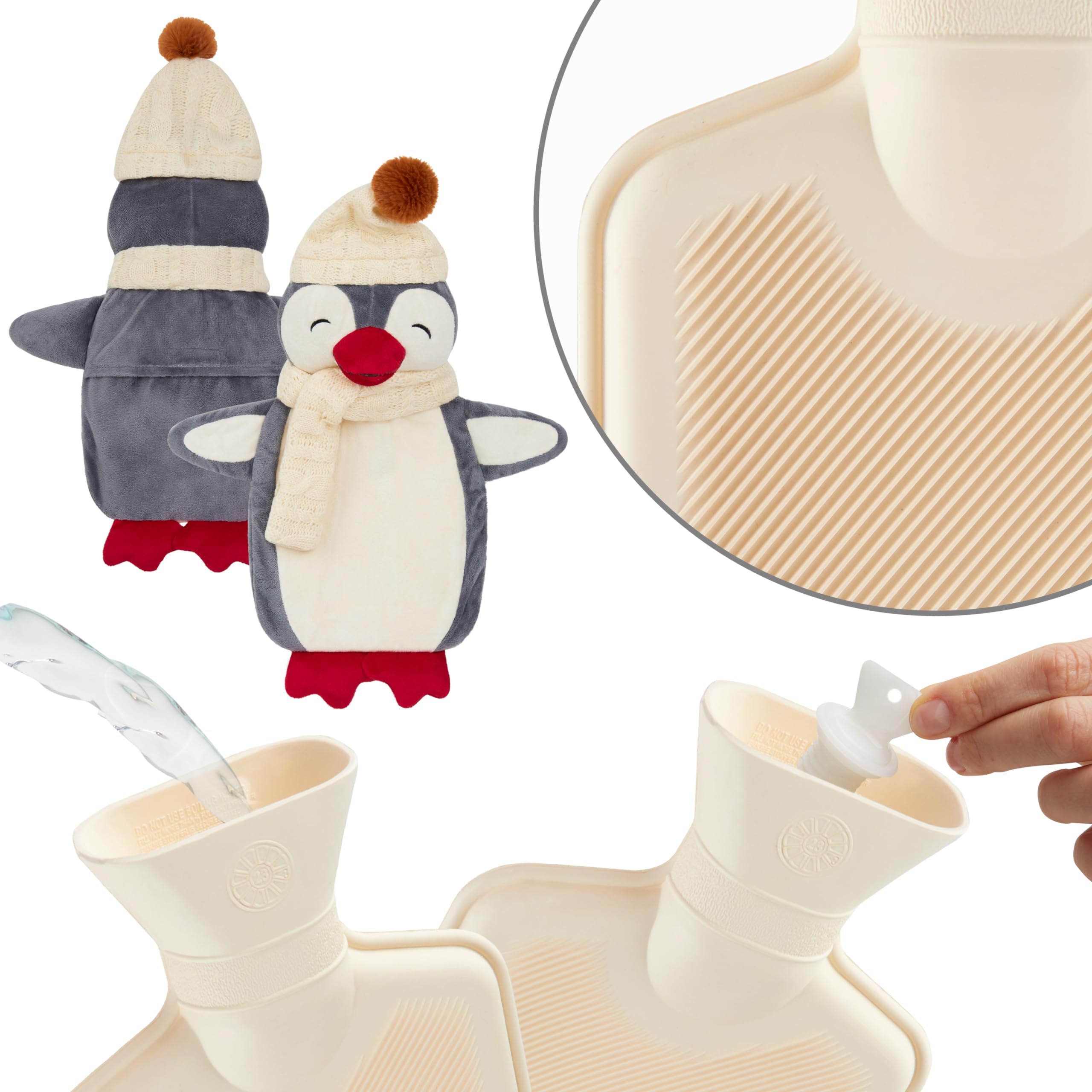 Bolsa Agua Caliente con Funda de Felpa- Botella Agua Caliente de Caucho Natural, 1 Litro - Funda de Animal de Peluche - Regalos Navidad (Gris Pingüino)
