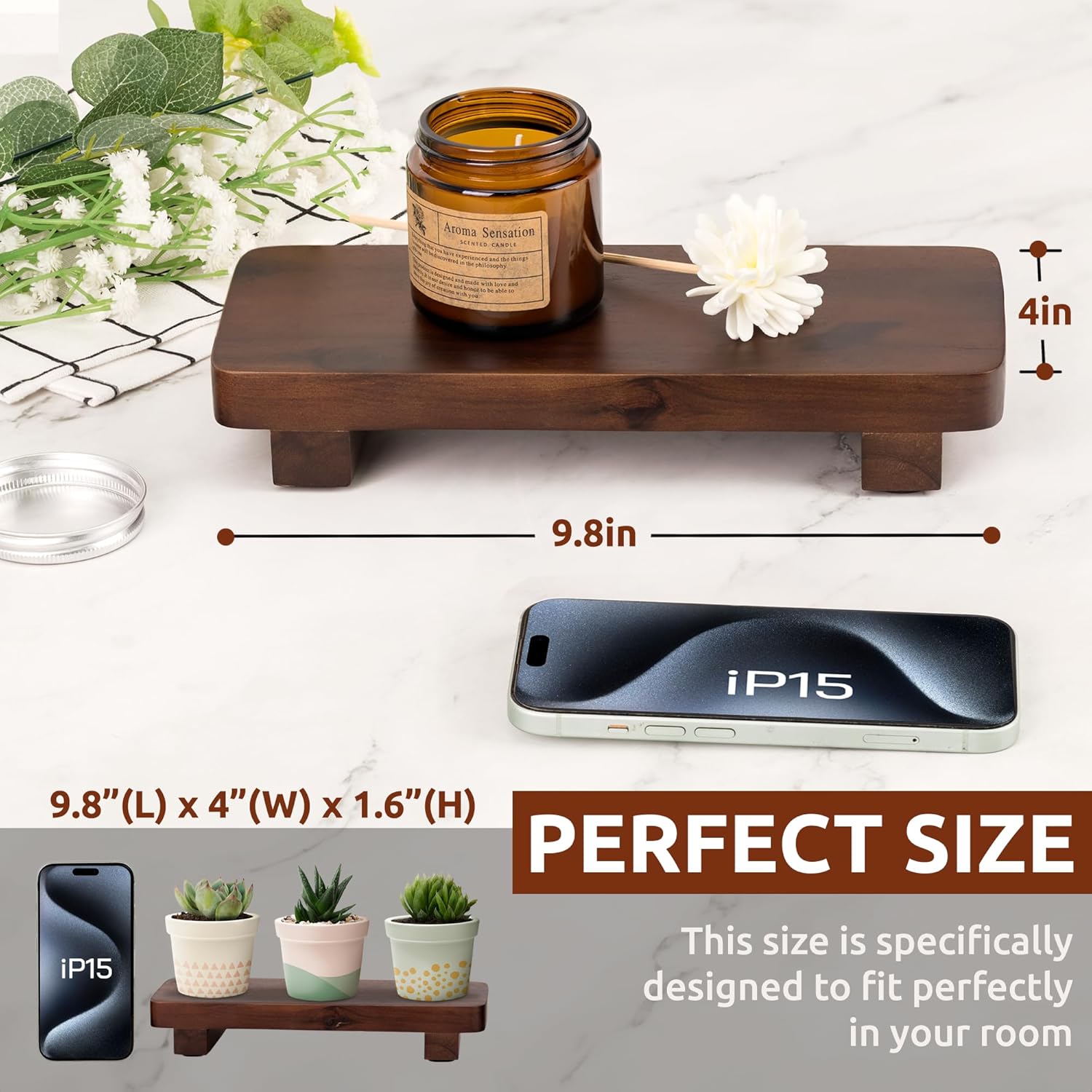 acacia wood pedestal soap stand 9.8x4 inches, 100% solid wood riser, candle plant holder, soap dish holder decor, display tray for kitchen bathroom counter sink farmhouse decor (dark brown)