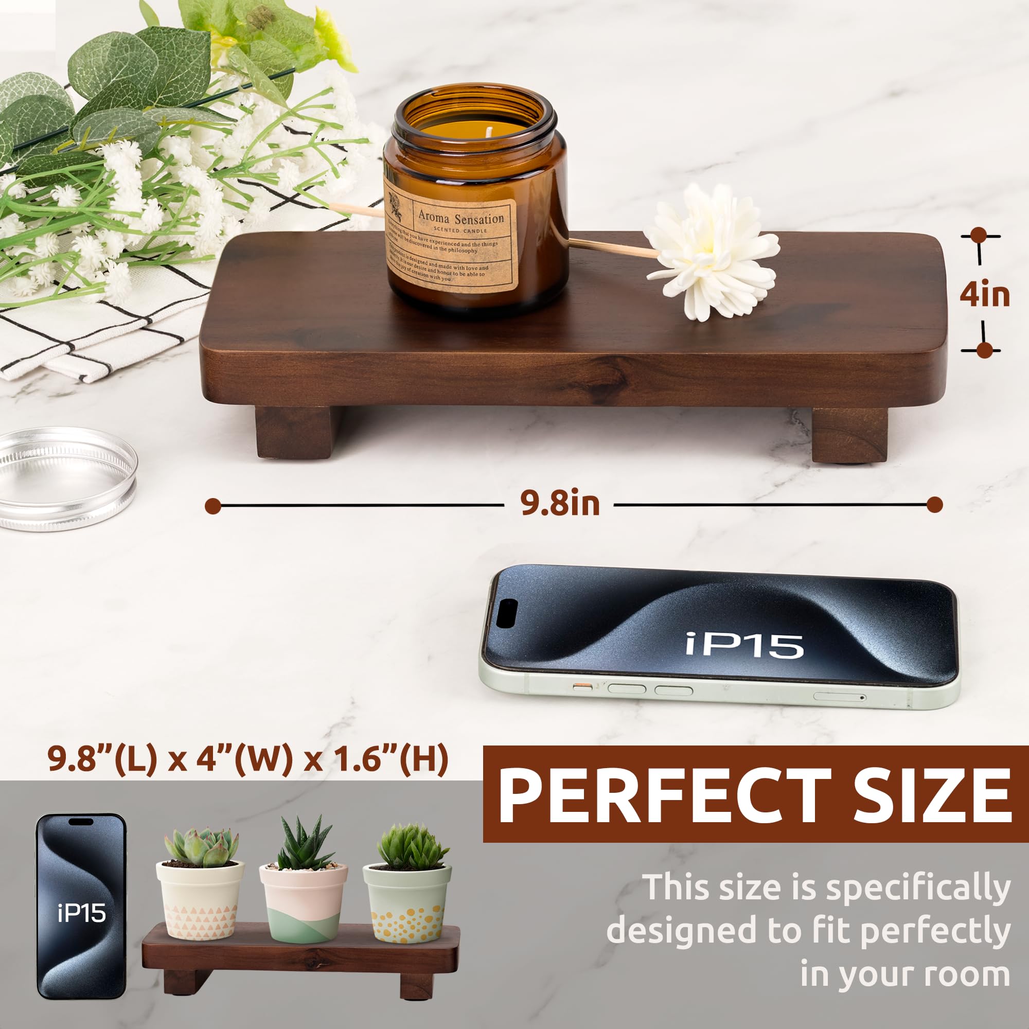 Jabonera de madera de acacia de 9.8 x 4 pulgadas, elevador de madera maciza 100 %, soporte para plantas de velas, jabonera, bandeja de exhibición para cocina, baño, encimera, fregadero, decoración de