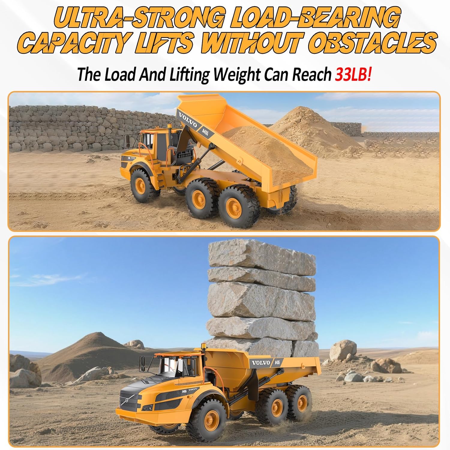 DOUBLE E 1:20 Scale Volvo A40G RC Dump Truck Toy Model, 2.4GHz Articulated Hauler for Adults, 3kg Load RC Construction Toys Vehicles with Simulated Acoustic-Optical, 3 Motors, 6-Wheel Dump Bed
