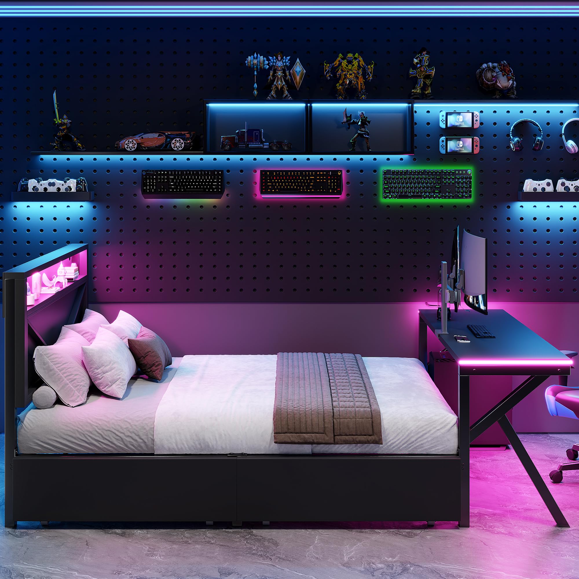 Plattformbett 140x200cm, Metallbett mit LED-Kopfteil&LED-Schreibtisch