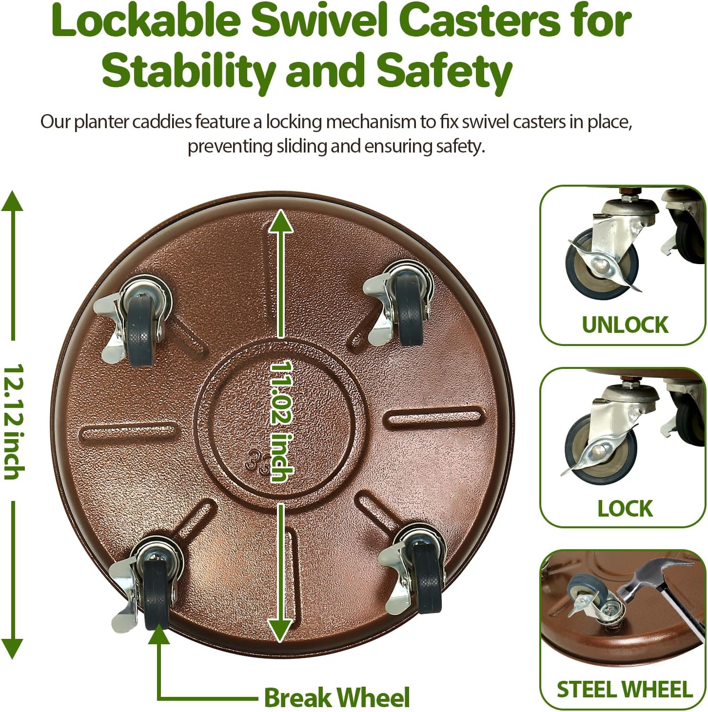 Plant Stand Rolling Plant Caddy with Wheels, 12in + 20in Plant Saucer with 360° Lockable Wheels, Metal Rolling Plant Cart for Heavy Duty Planter, Rustproof Plant Dolly for Outdoor/Indo