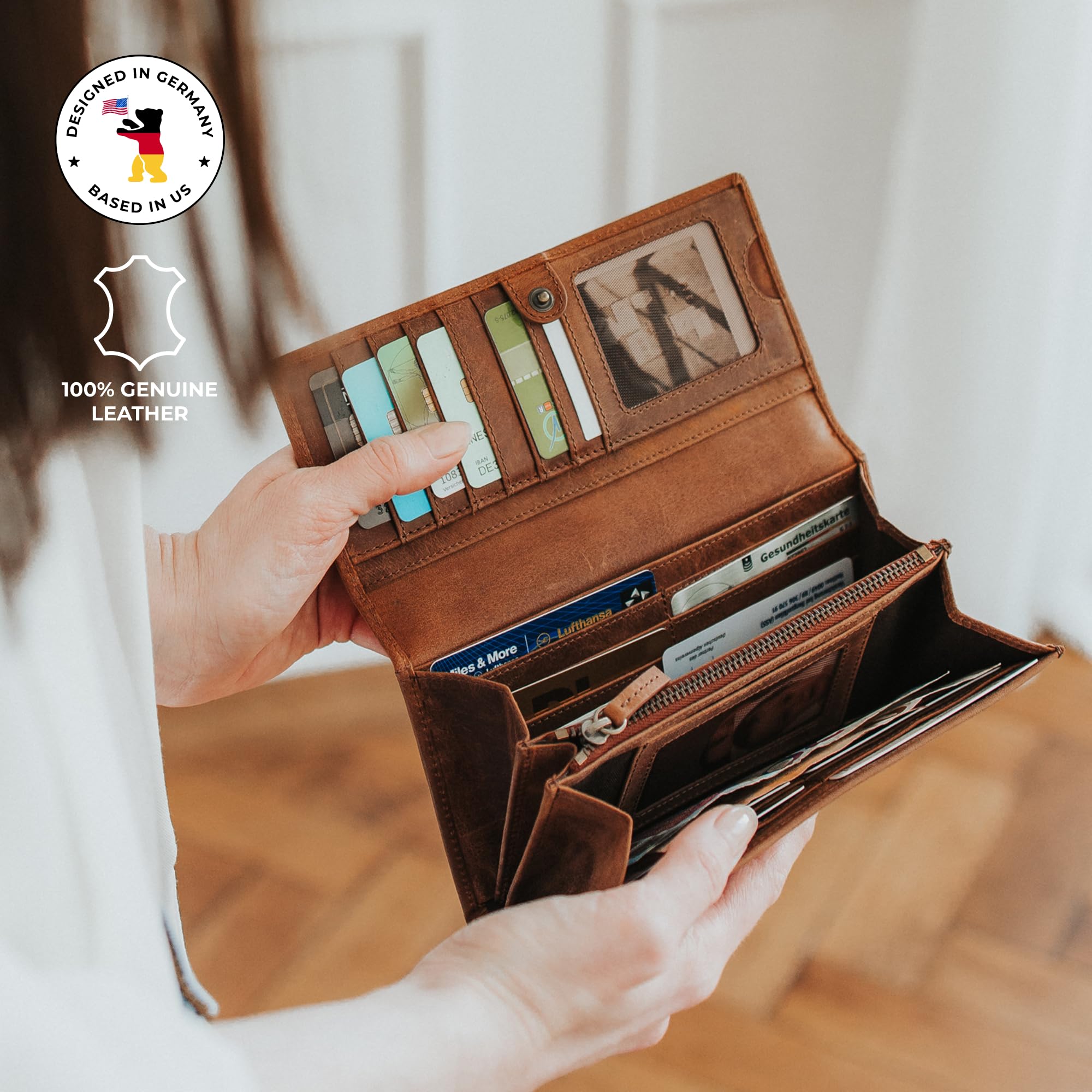 Berliner Bags Portafoglio Donna Pelle Iris, Grande Elegante con Portamonete, Porta Carte e Protezione RFID, Chiusura con Bottone – Marrone