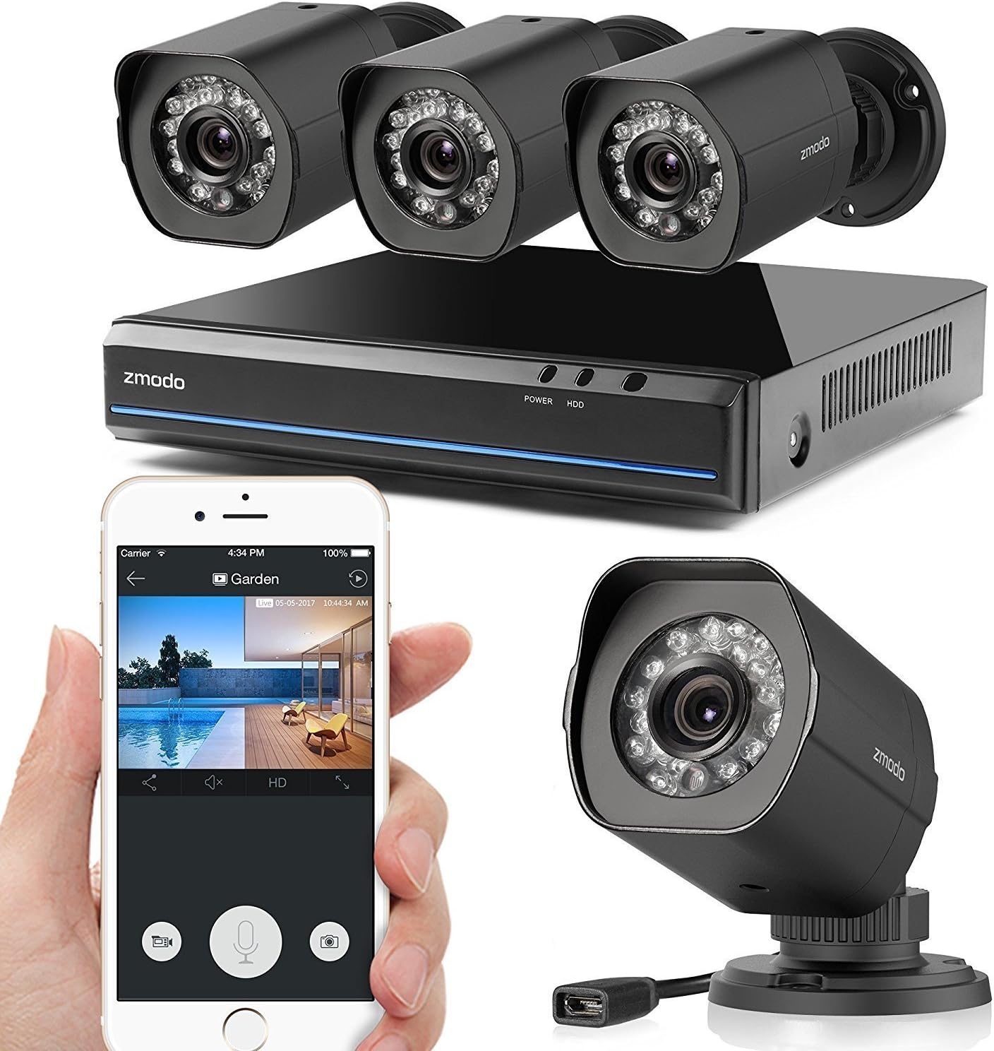 Zmodo HD Simplified PoE Security Camera System - 4 Channel HDMI Intelligent Video Recorder 4 Outdoor and Indoor IP Cameras with Motion Detection, Night Vision, No Hard Drive