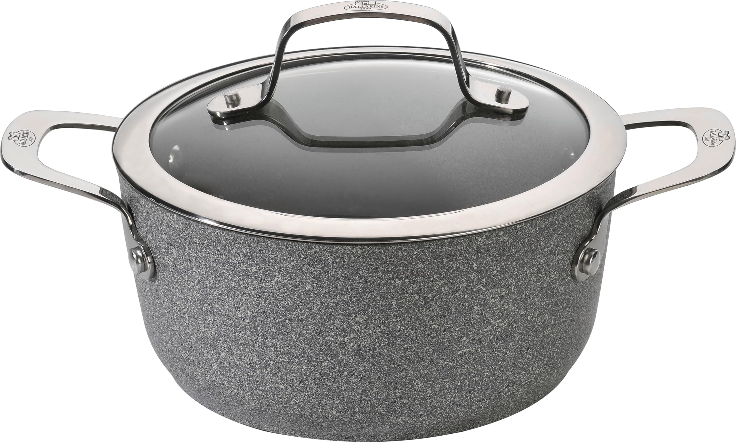 Salina Granitium Casseroel +Lid, 24 cm, Made in Italy. Aluminum body. Stay cool handle. Granitium coating + titanium. Scratch-resistant. For all stovetops. Oven safe. PFOA-Free.