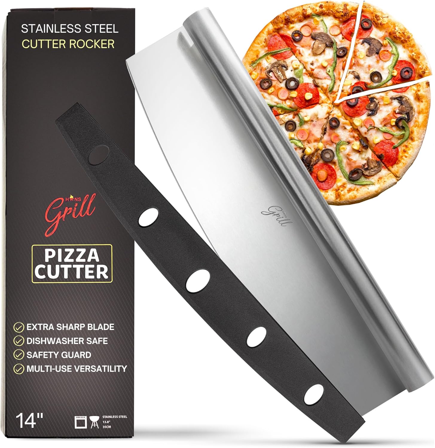 Pizza Cutter Rocker Blade By Hans Grill 14″ Large Pizza Slicer Sharp | Stainless Steel Rocking Pizza Knife Cutter | Professional Nonstick Pizza Cutter Rocker Knife With Safety Cover | Dishwasher Safe Pizza Cutter Rocker Blade By Hans Grill 14″ Large Pizza Slicer Sharp | Stainless Steel Rocking Pizza Knife Cutter | Professional Nonstick Pizza Cutter Rocker Knife With Safety Cover | Dishwasher Safe