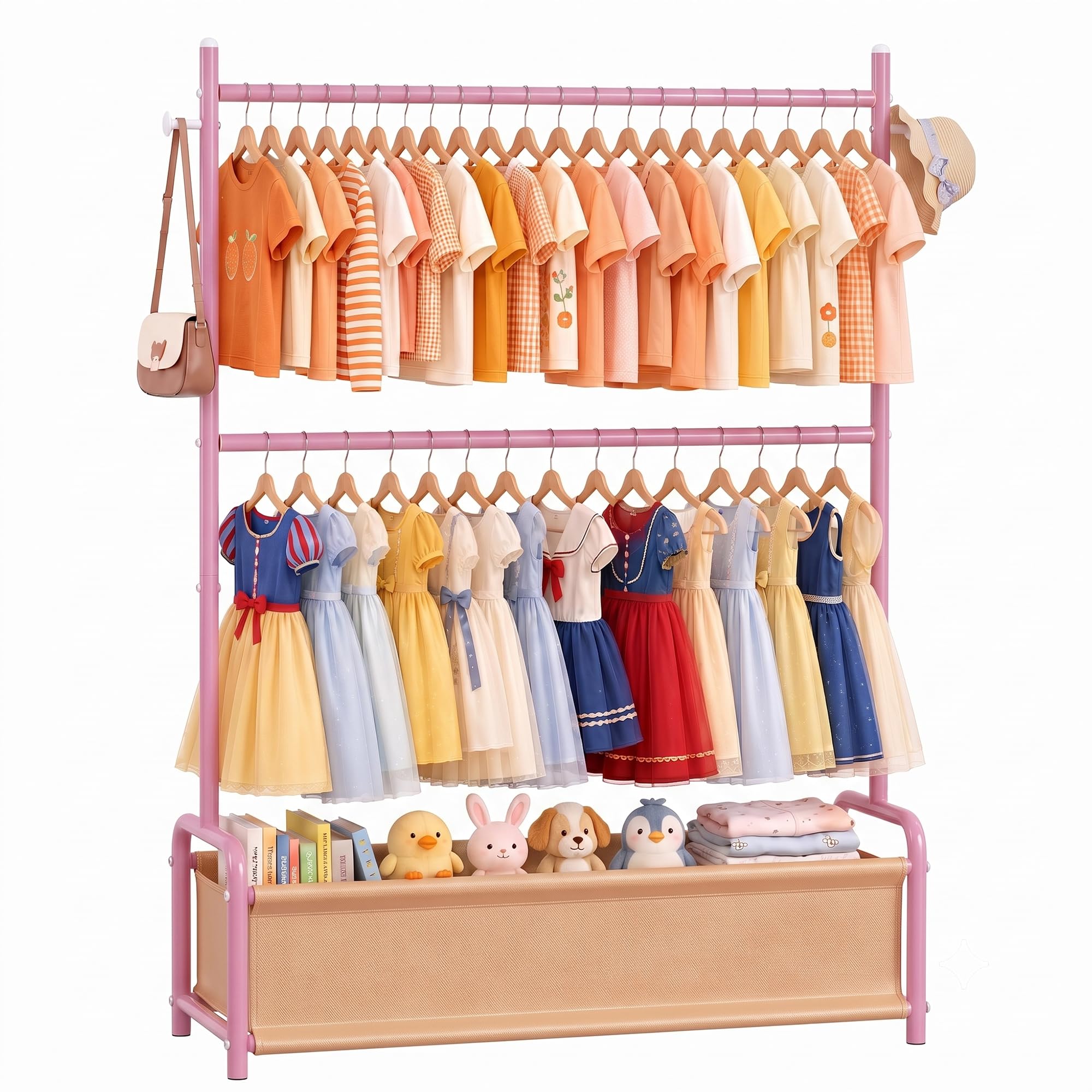 Kids Double Rod Clothes Rail with Storage Basket & Hooks, Portable Kids Dress Up Rail for Coats Skirts, Small Baby Childrens Dressing Up Rail for Hanging Clothes, Kids Wardrobe Organizer, Pink