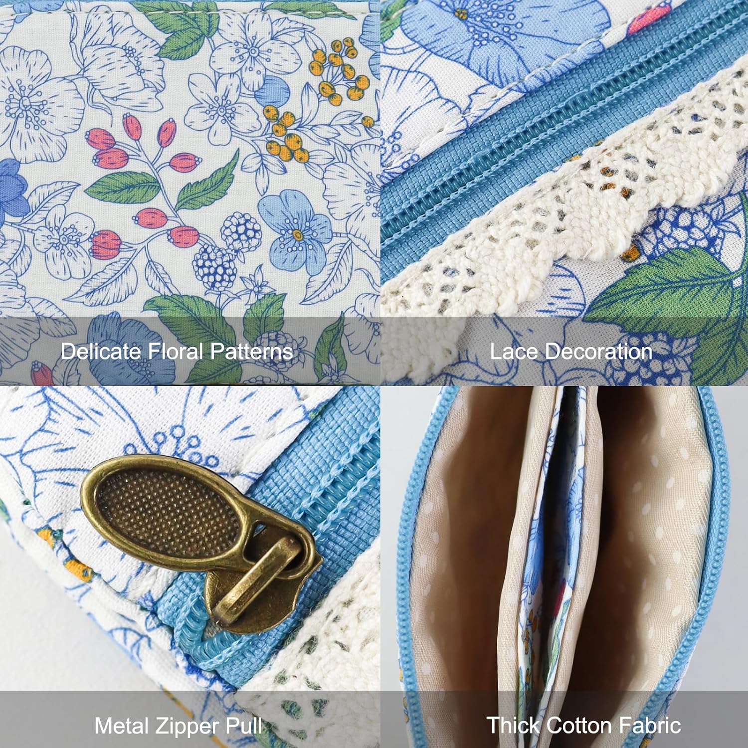 FuninCrea Mini Coin Purse for Women, Floral Pattern Coin Pouch with 2 Zipper Pockets Cotton Change Purse Pouch Wallet for Storing Card Change Key (Blue) image 3