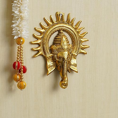 Miniatura 8 de eCraftIndia Golden Lord Ganesha con sol decorativo de metal para colgar en la pared, decoración del hogar, templo de Pooja Room y regalo para