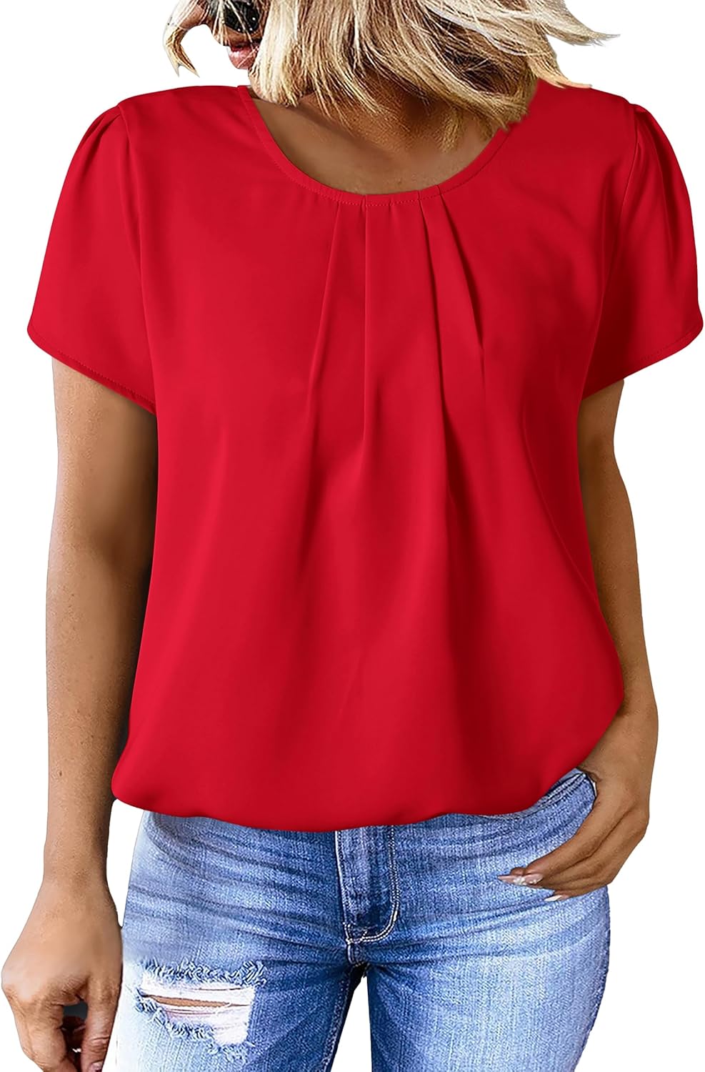 PRETTYGARDEN Women's Tops 2026 Casual Summer Round Neck Short Sleeve Basic Pleated Loose Fit Blouses Plain Tunic Shirts - Image 2