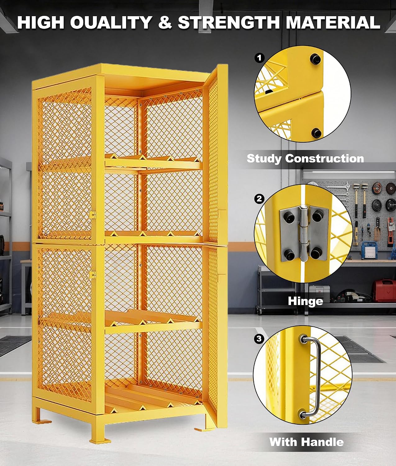 Horizontal Gas Cylinder Storage Cabinet, 2-Tier & 4-Tier Optional, Heavy Duty Carbon Steel Cabinet with Lock, Propane Tank Storage & Propane Cage for Propane Oxygen Nitrogen Freon Cylinders