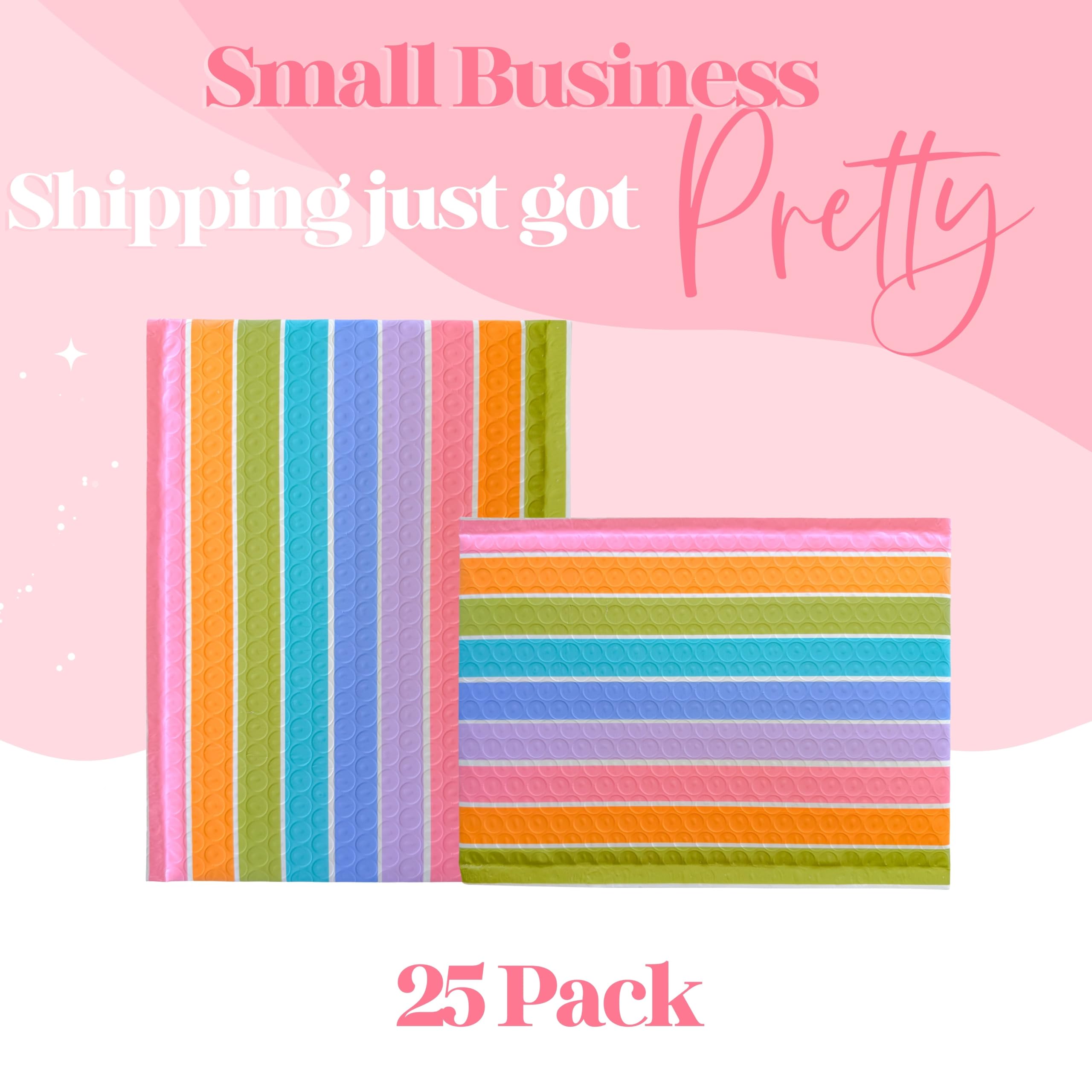 Pretty Package Store Luftpolster-Versandtaschen, 21,6 x 27,9 cm, Pastellstreifen, 25 Stück | Robuste, wasserdichte, selbstklebende und reißfeste Designer-Luftpolster-Versandtaschen für kleine Unternehmen