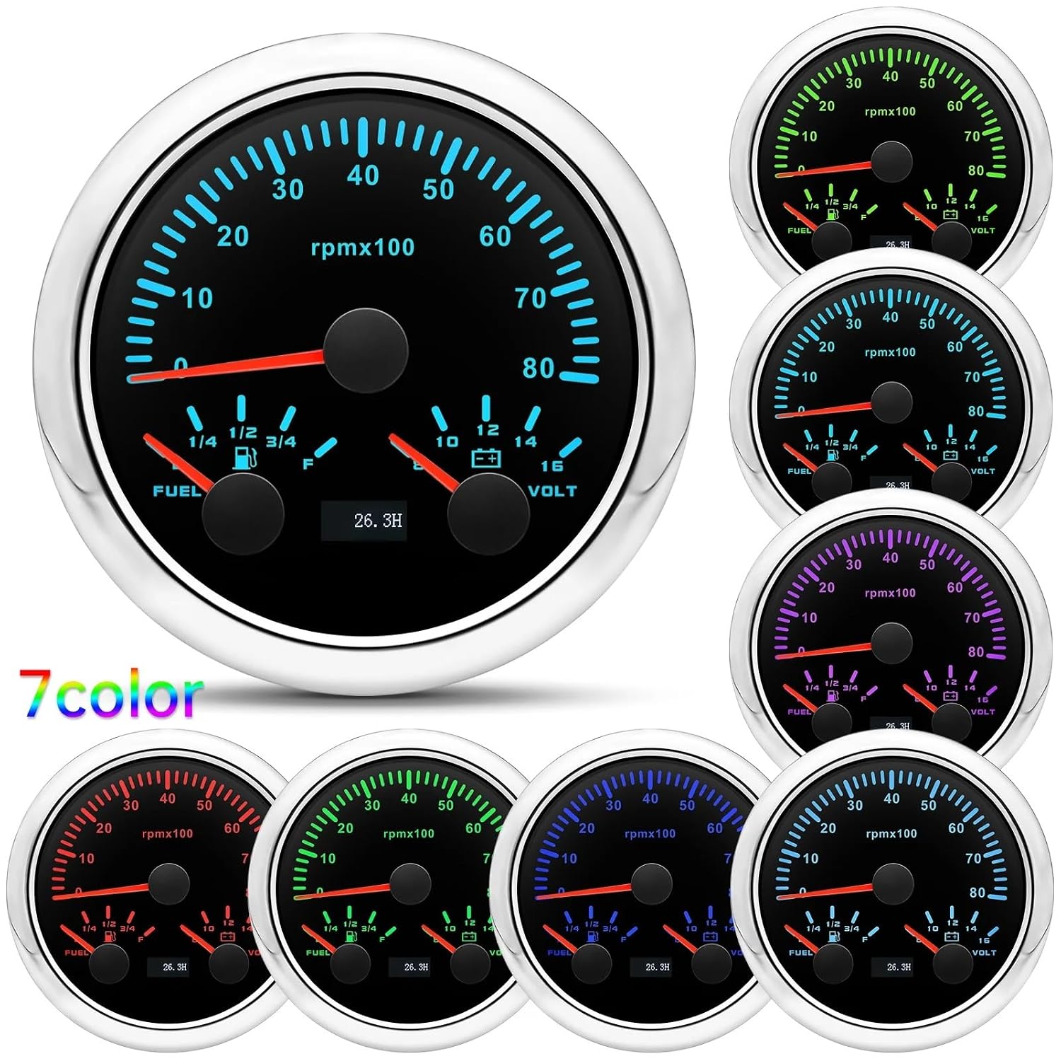 Boat Car 3 in 1 85mm Gauge 7 Color Light 3000/6000/8000RPM Tachometer Fuel Gauge 0-190Ω 240-33Ω Voltmeter Voltage Gauges 8-16V(Customized BN 8K)