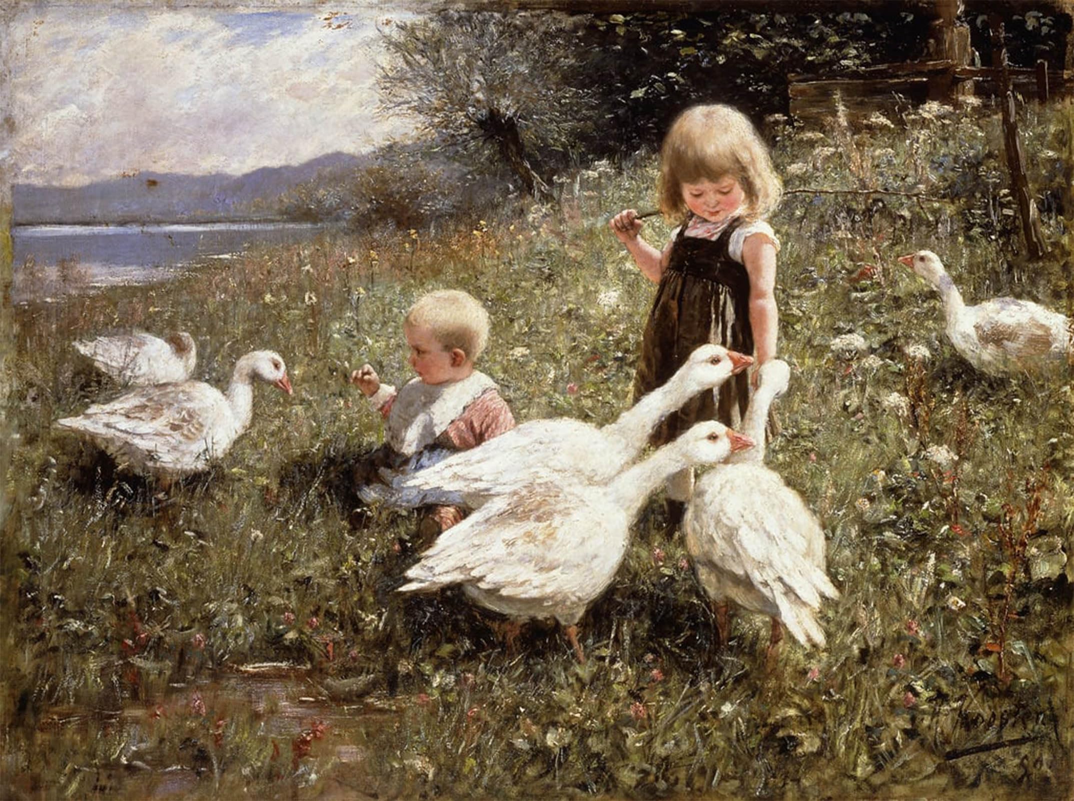 POSTERIIk Vintage Print Pop Art Landscape Artwork Feeding Geese by Alexander Koester Art Prints for Office Home Decor 60x90cm