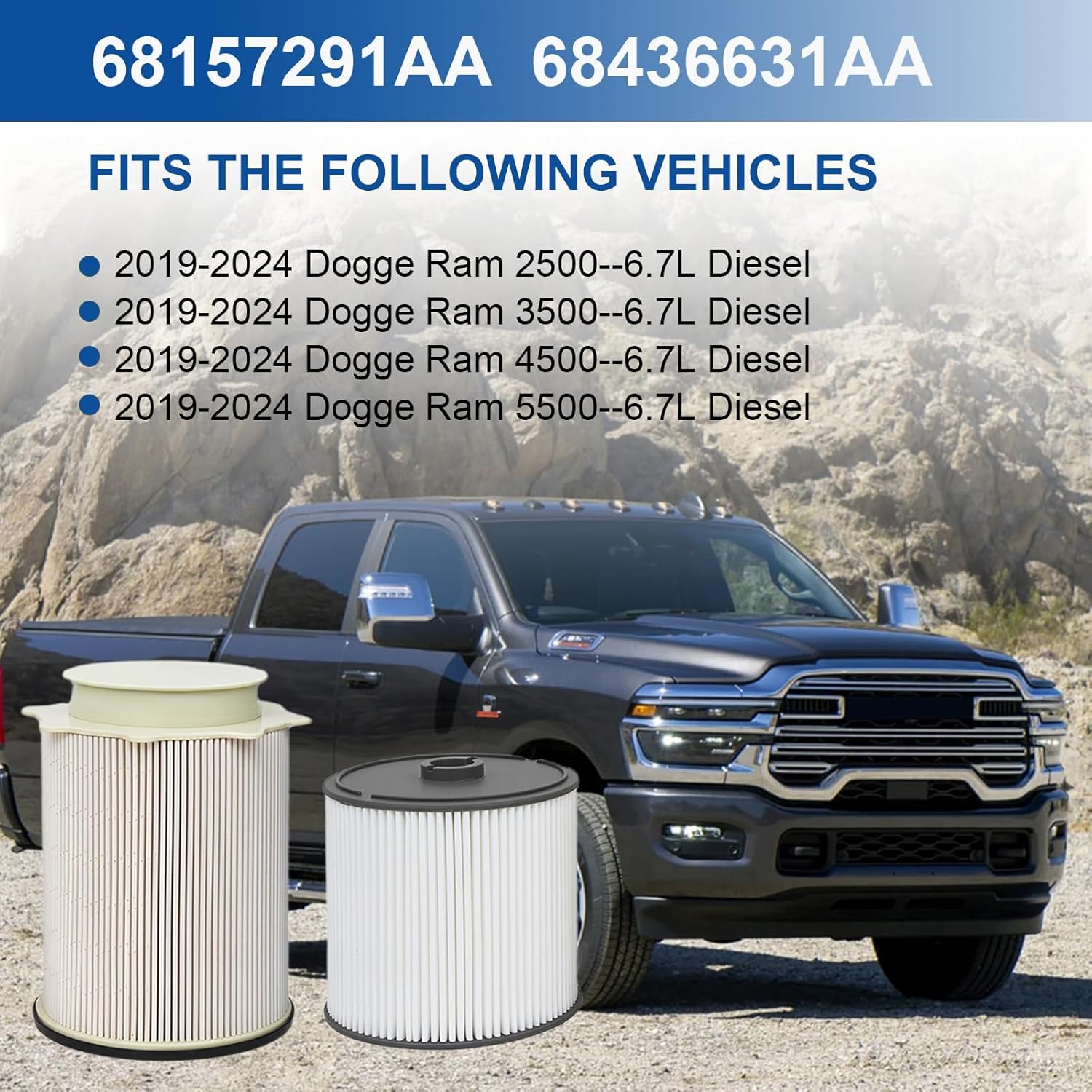 6.7L Cummins Fuel Filter Kit, Fits for 2019-2024 Ram 2500, 3500, 4500, 5500 Turbo Diesel Engines, Replaces 68157291AA 68436631AA 5083285AA Water Separator and Oil Filter