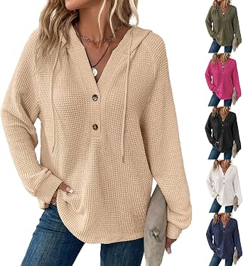 Hoodies for Women Comfy V Neck Waffle Knit Hooded Sweatshirts Drawstring Casual Long Sleeve Fall Pullover Sweaters