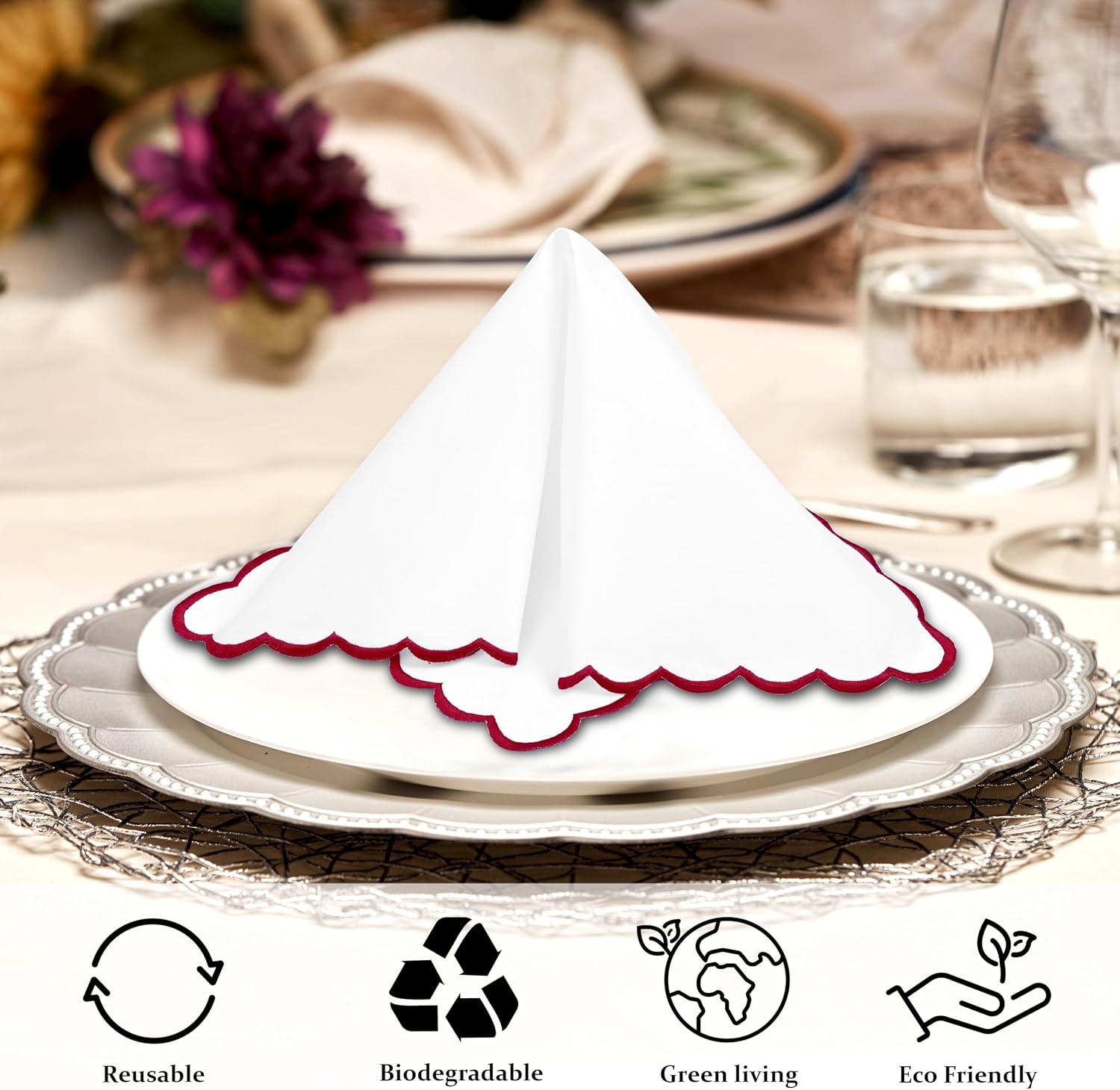 Ridhi Cloth Napkins 100% Pure Cotton Farmhouse Wedding Dinner Napkins Gift for Spring, Easter, Valentine, Holiday, Everyday Napkin (4-18" x 18" White with Rust Brown Edge) image 3