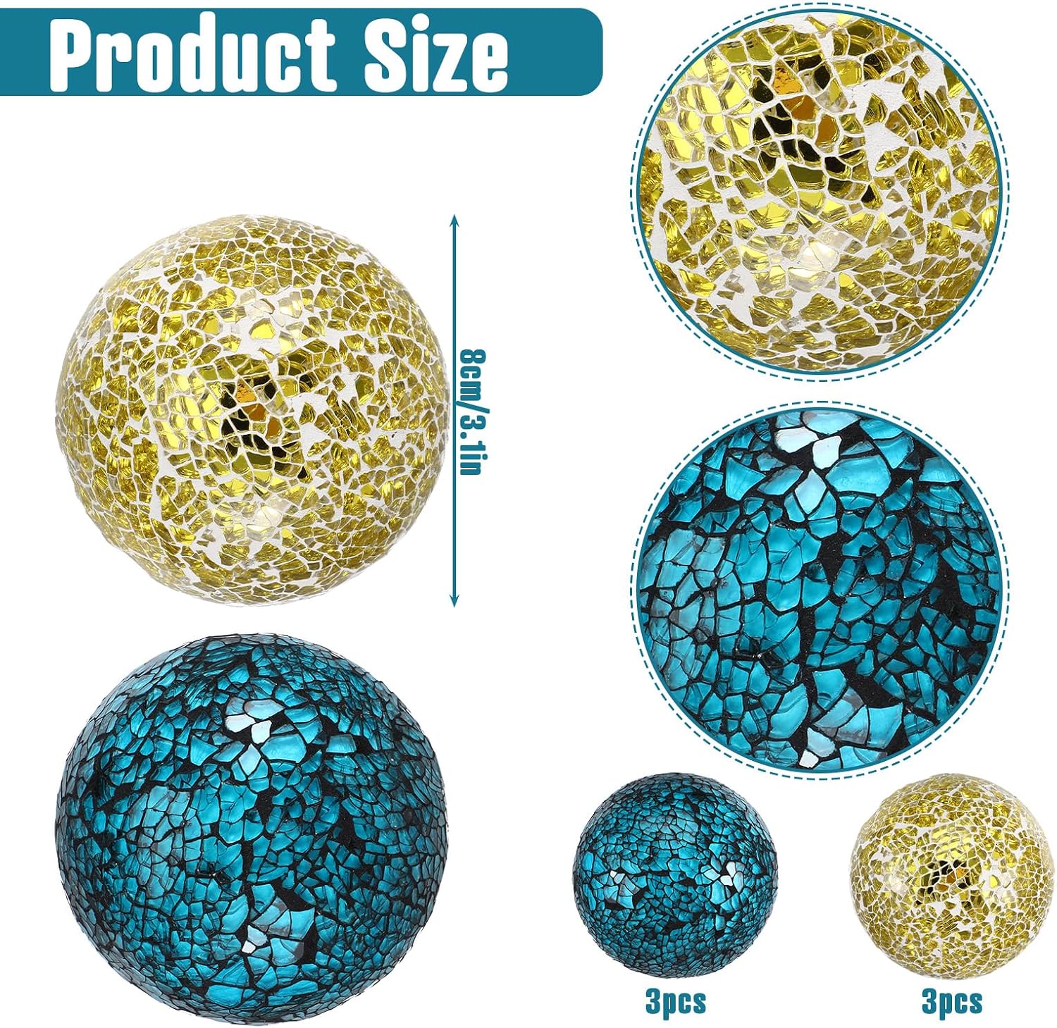 6 Pcs 3 Inch Glass Mosaic Sphere Decorative Balls for Bowls Mosaic Glass Orbs Gold and Deep Blue for Centerpiece Home Dining Table Bowls Tray Vase Filler Set
