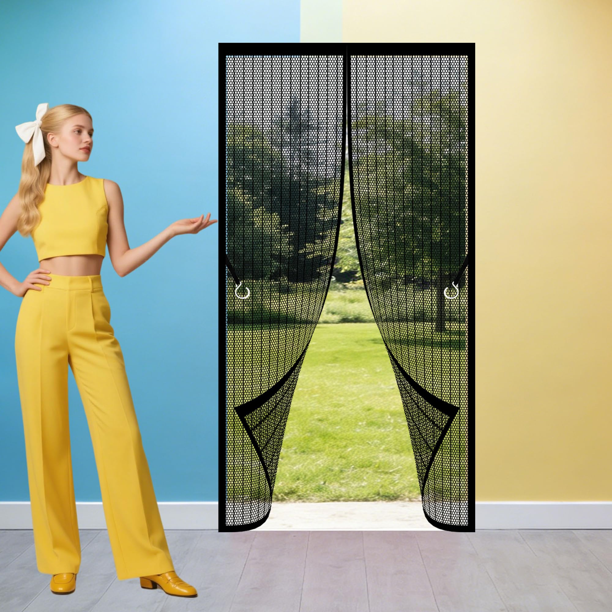 Door Fly Screen Curtain 91 x 212 cm Self Sealing, Hands Free Heavy Duty Bug Mesh Curtain Keeping Out Flies Bug for Living Room, Bedroom, Patio, Black