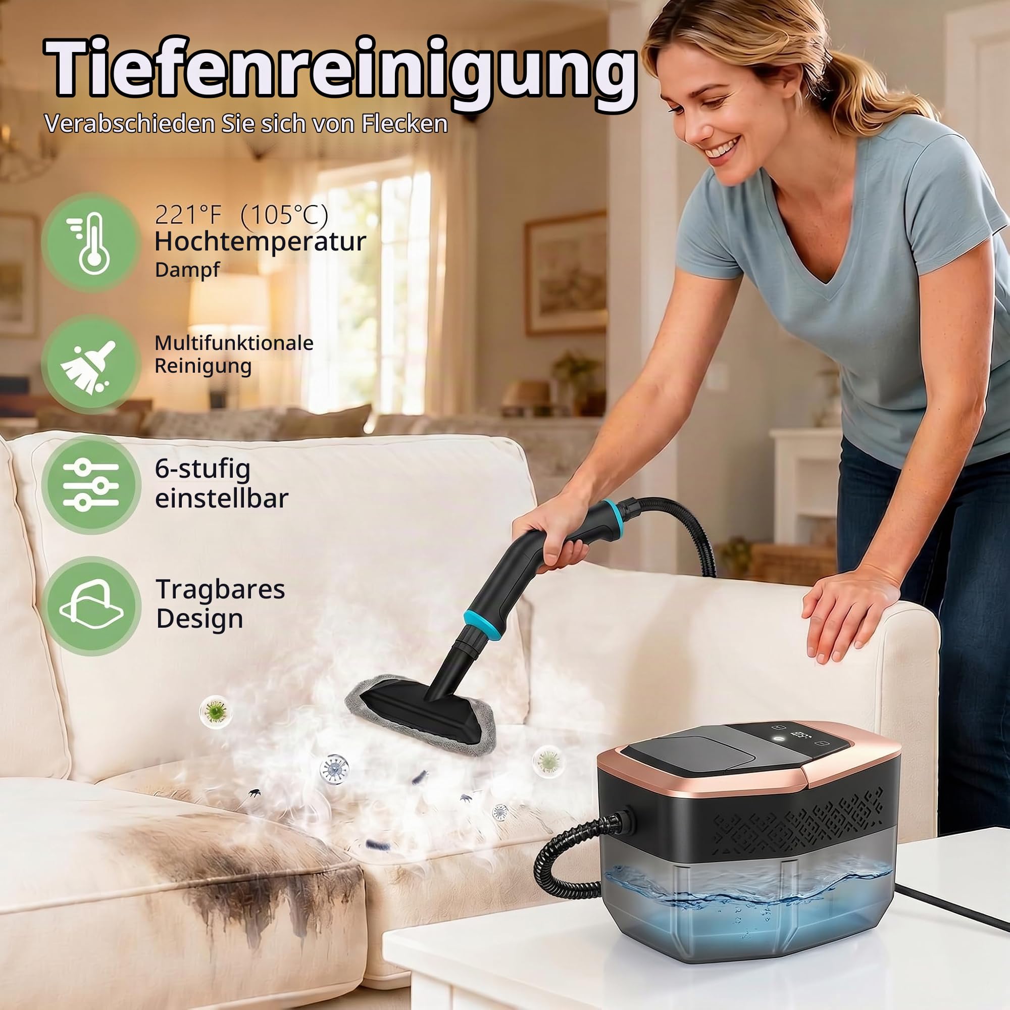 Dampfreiniger Handgerät Handdampfreiniger Dampfreiniger für Alles Steam Cleaner Handlicher für Fußboden, Sofa, Polste, Auto, Profi, Fenster, 15 Sekunden Aufheizzeit und 1,8L Großer Tank, 4 Bar