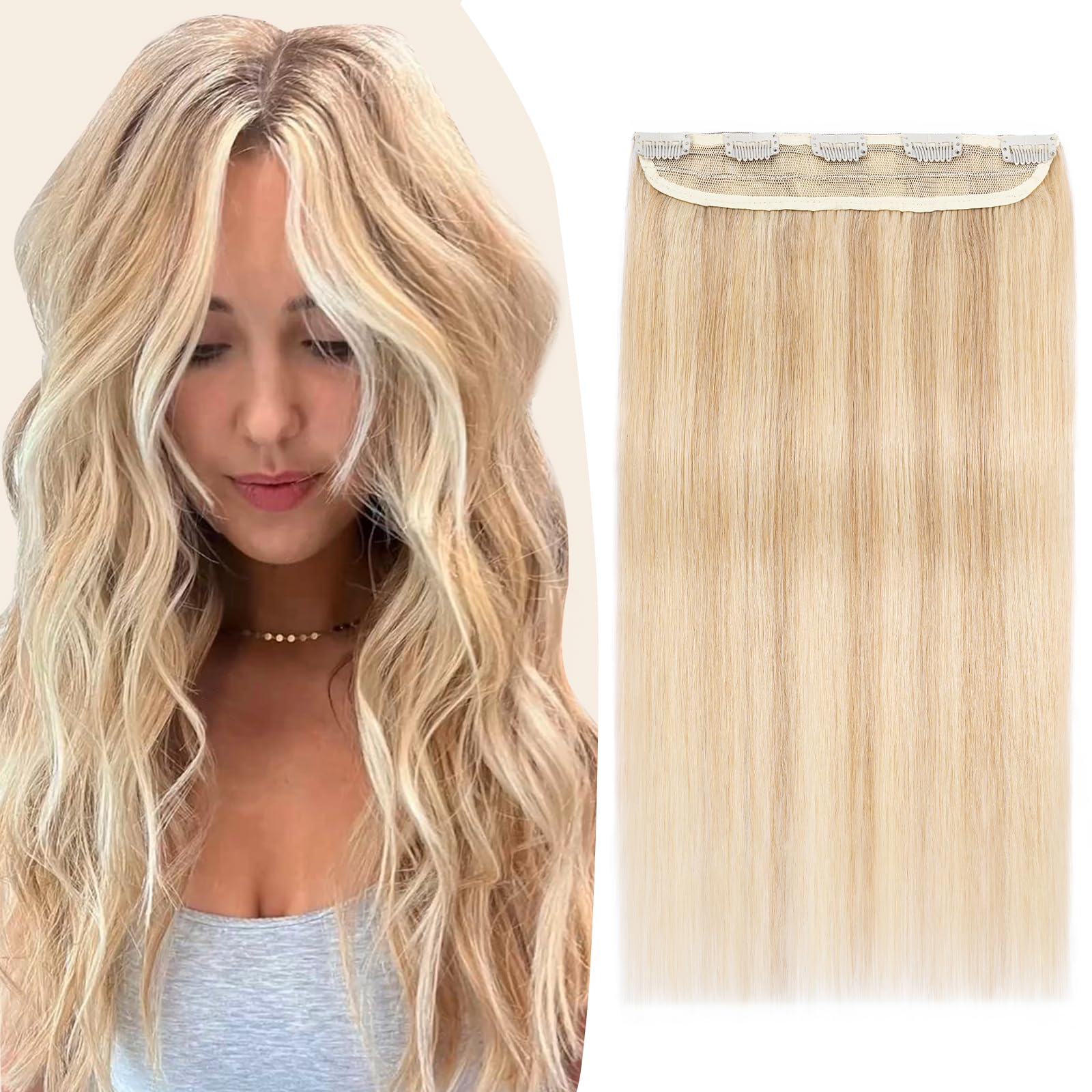 TESS Clip in Extensions Echthaar Blond Balayage 50 cm, Ein Stück Clip in Echthaar Haarverlängerung 5 Clips Remy Haar Extensions 50 g #18P613 Goldblond/Blond Extensions Clip in Echthaar