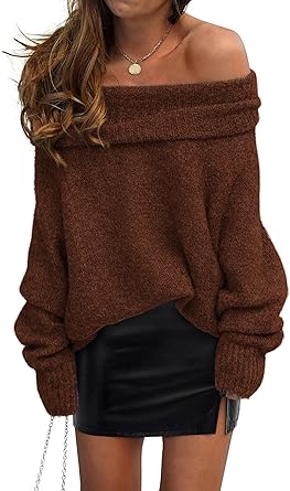 PRETTYGARDEN Women's Off The Shoulder Sweater Long Sleeve Tops 2025 Fall Loose Knit Pullover Sweaters Winter Clothes
