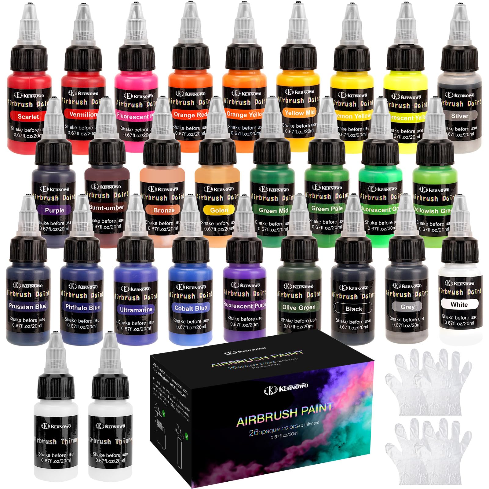 Airbrush Paint, 26 Colors with 2 Thinner Air Brush Painting Set, Water-Based Acrylic Ready to Spray Airbrush Paint for Nails, DIY, Artists, Hobbyist, Beginners, 0.67 oz, 20ml/Bottle