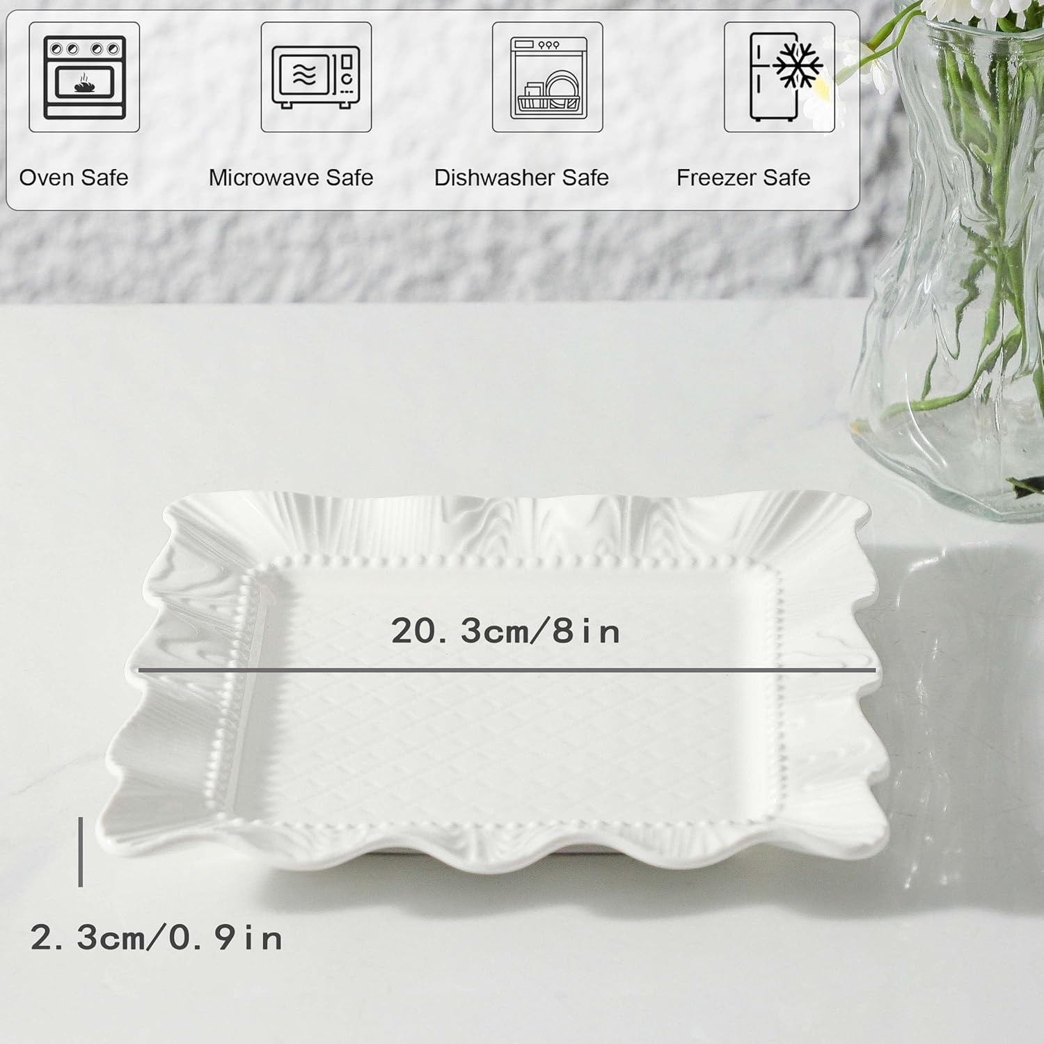 Neaylfe 8 inch Ceramic Dessert Salad Plates, Set of 8, Embossed Square Dinner Plates, Kitchen Porcelain Dish, Ceramic Flat Plates for Appetizer, Pancakes, Dishwasher & Microwave Safe