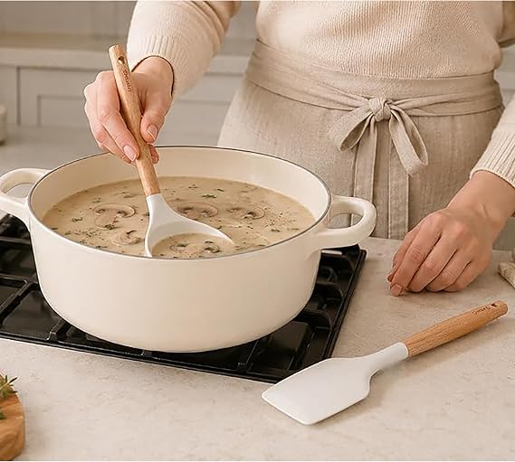 Promosyonca 3’lü Silikon Mutfak Gereçleri Seti, Ahşap Saplı Silikon Kaşık Kepçe Spatula Seti, Yemek Pişirme ve Servis Seti, Sütlü Kahve
