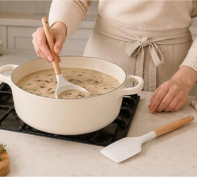 Promosyonca 3’lü Silikon Mutfak Gereçleri Seti, Ahşap Saplı Silikon Kaşık Kepçe Spatula Seti, Yemek Pişirme ve Servis Seti, Sütlü Kahve