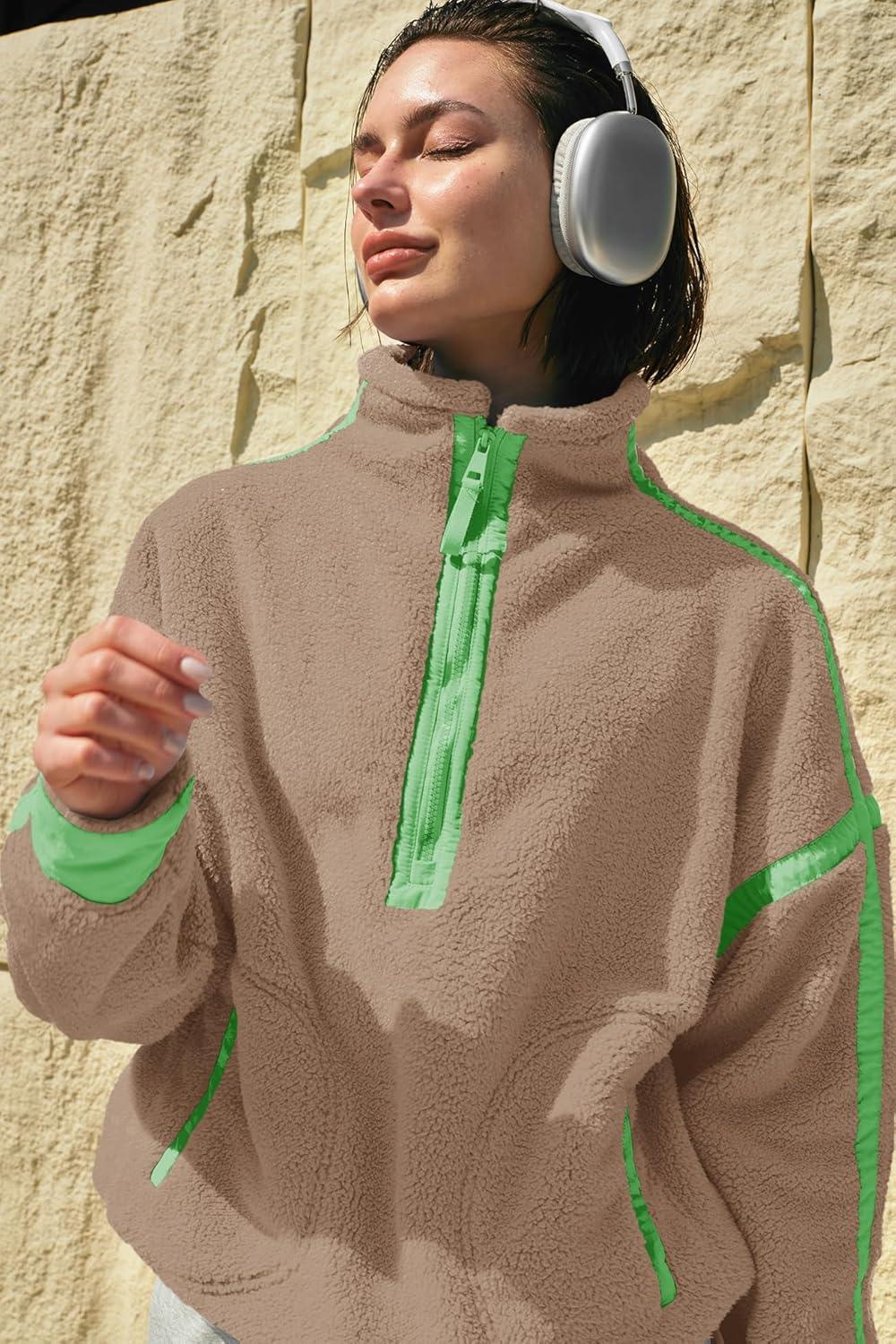 Panadila Womens Half Zip Sherpa Fleece Pullover Soft Oversized Sweatshirt with Pockets Warm Fuzzy Sweater - Image 6