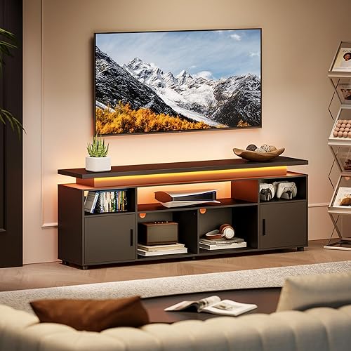 Miniatura 5 de SUNCOZE Soporte de TV, centro de entretenimiento con luces LED y gabinete para TV de 70/75/80 pulgadas, consola de TV moderna para juegos y medios