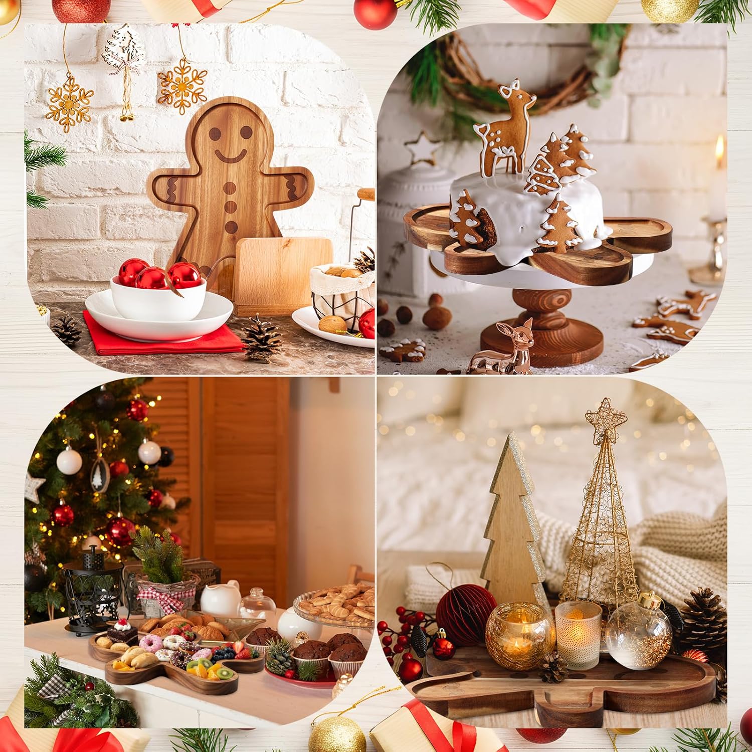 Bokon 12" Gingerbread Christmas Charcuterie Board Wooden Cutting Board Xmas Serving Platter Tray Cookie Plate for Cheese Bread Dessert Fruit, Gift for Christmas Party Holiday Decoration(Acacia Wood)