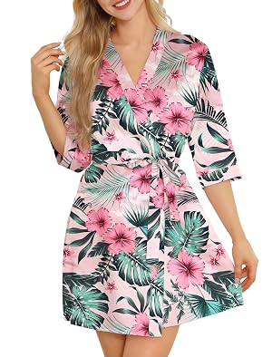Leikar Silk Robe For Women Floral Kimono Bridesmaid Pajamas Satin Flower Bathrobe