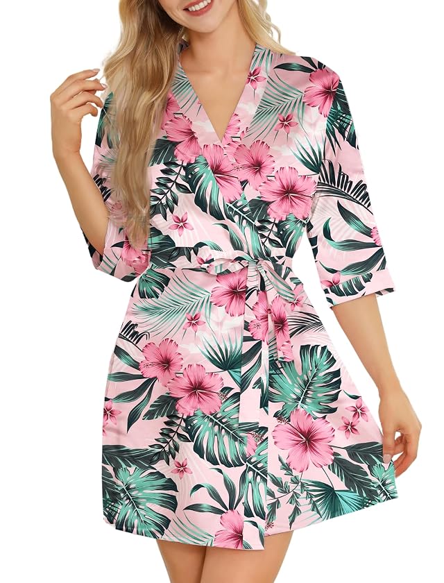 Leikar Silk Robe For Women Floral Kimono Bridesmaid Pajamas Satin Flower Bathrobe
