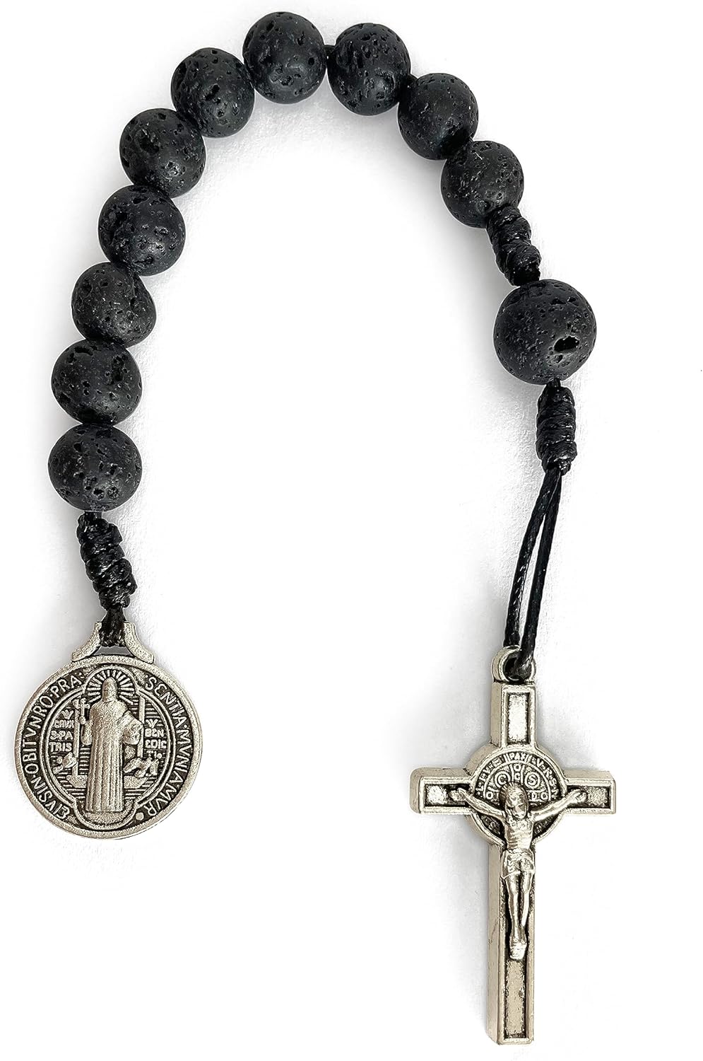 Catholic Prayer Pocket Rosary Saint Benedict Medal Black Lava Beads San Benito Tenner Open Style One Decade Rosary - Image 6