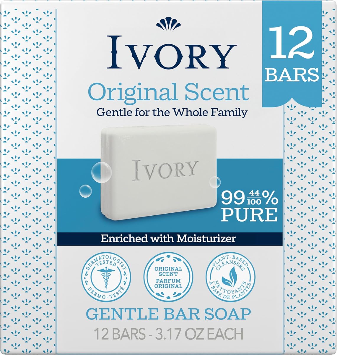Ivory Gentle Bar Soap, Designed for Whole Family, 99.44% Pure Formula, Plant-Based Cleanser, Made Without Heavy Perfumes, Parabens & Phthalates, for All Skin Types, Original Scent, 3.17 oz (12 Count)