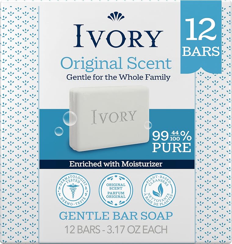 Ivory Gentle Bar Soap, Designed for Whole Family, 99.44% Pure Formula, Plant-Based Cleanser, Made Without Heavy Perfumes, Parabens & Phthalates, for All Skin Types, Original Scent, 3.17 oz (12 Count)