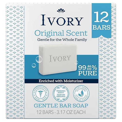 Ivory Gentle Bar Soap, Designed for Whole Family, 99.44% Pure Formula, Plant-Based Cleanser, Made Without Heavy Perfumes, Parabens & Phthalates, for All Skin Types, Original Scent, 3.17 oz (12 Count)