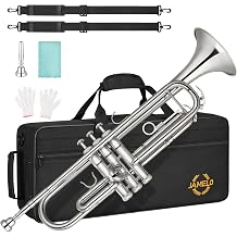 JAMELO Bb Standard Trumpet Set, Brass Trumpet Instrument for Student/Beginner with Carrying Case, 7C Mouthpiece, Cleaning Cloth and Gloves TP-120, Silver