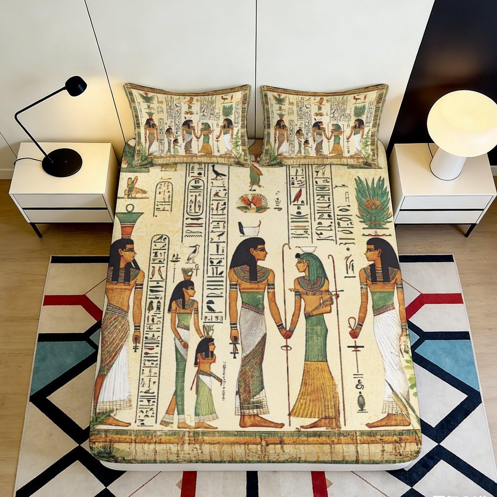 3D Printed Egyptian Hieroglyphs Fitted Sheet Microfiber Soft Breathable Ancient Pharaoh Bed Cover for Bedroom Dorm Mattress Protection Decor 90x200x25cm