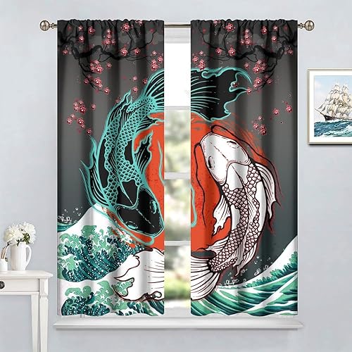 Miniatura 3 de SENQIAN Koi - Cortinas opacas para cocina, estética japonesa, romántica, flor de cerezo, ondas, con bolsillo para cortinero, cortinas opacas para